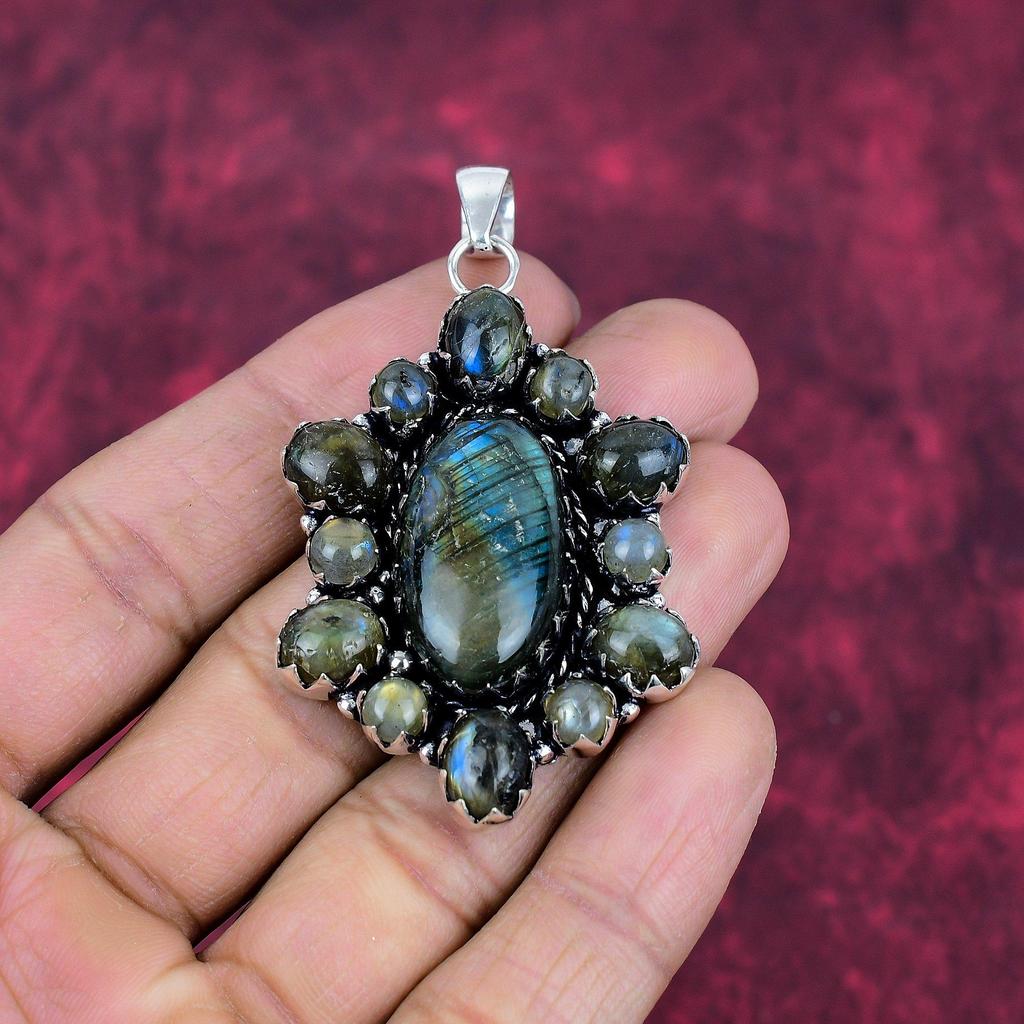 Pandantiv labradorit, bijuterii antice cu pandantiv din argint 925 din piatră prețioasă lucrată manual, pentru cadou Bijuterii din argint