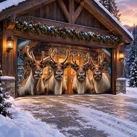 Seasonal Celebration Props Christmas Garage Door Cover, Winter Reindeer Barn/Santa Shop/Nativity Scene Holiday Party Backdrop Banner, Large