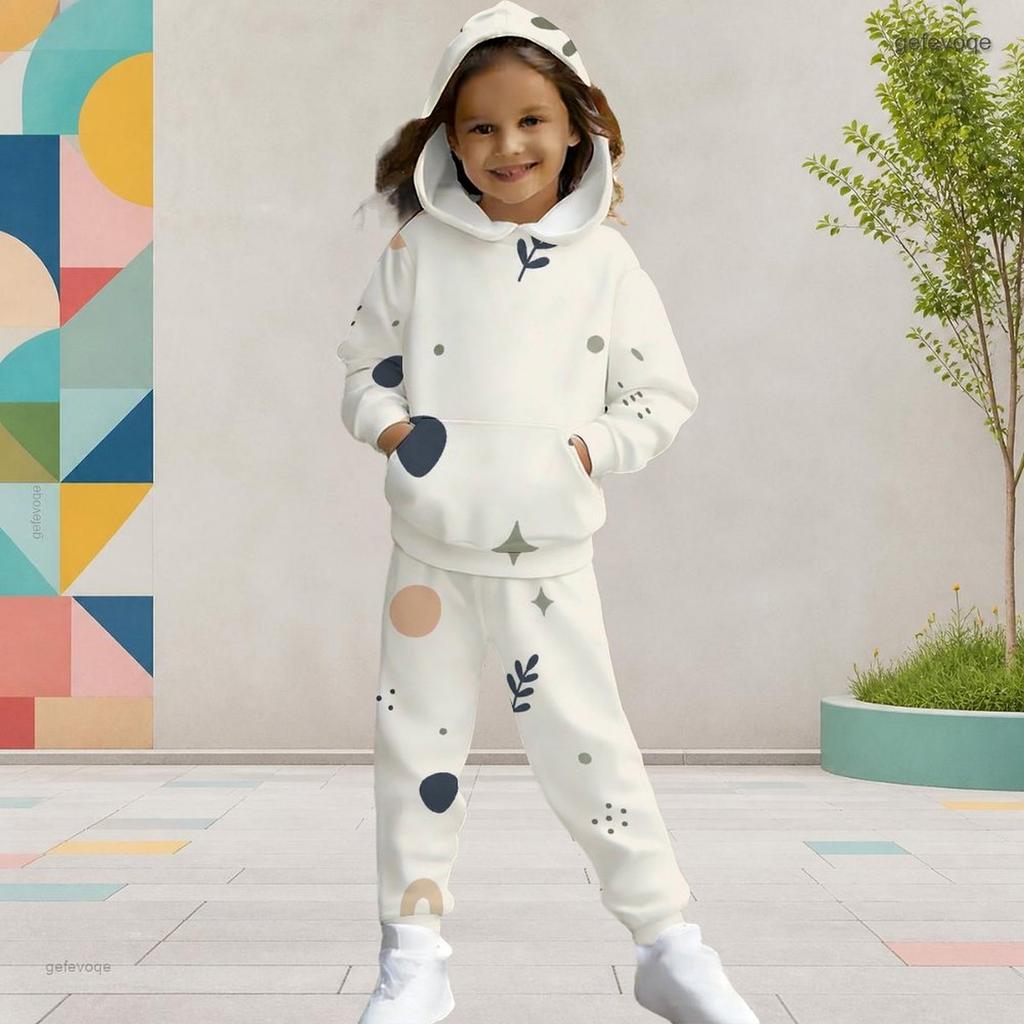 Girls Hooded Long Sleeve Printed Two Piece Outfit Kangaroo Pocket Cuffed Pants