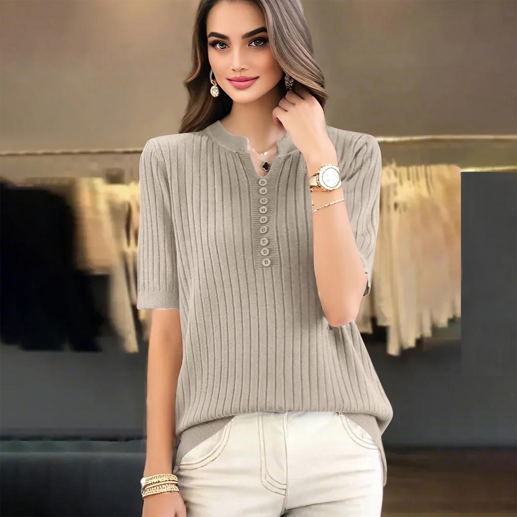 Fashion Knit Sweater Short Sleeve V-neck Slim-Fit Base Shirt Short Sleeve Top For Women