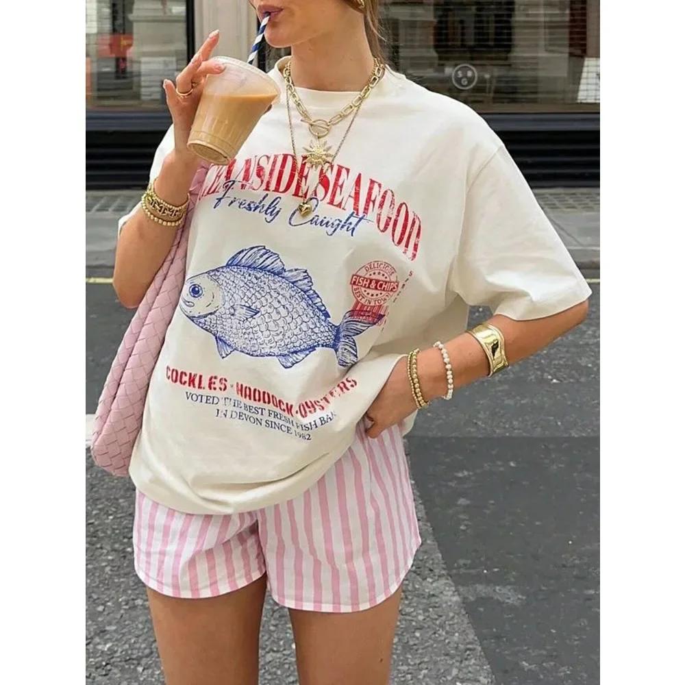

Summer American Street Ins Personalized Seafood Graphic Tshirts Fashion Y2K Aesthetic Street Clothing Shortsleeved Loose Tops 4XL