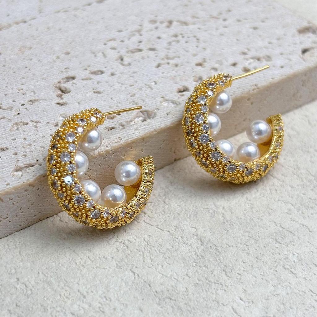 Ręcznie robione kolczyki z miedzi platerowanej 18-karatowym złotem i cyrkoniami - Luksusowa, elegancka moda damska