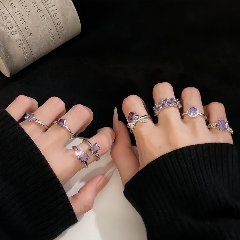 Niche Design Open Ring Women'S Purple Zircon Series High-End Sense Ring Combination Stacked Index Finger Ring