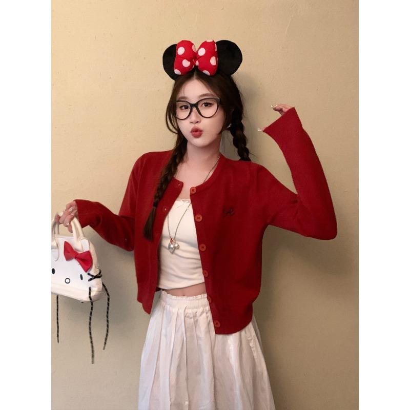 New knitted cardigan women's bow embroidered long-sleeved short jacket casual spring and summer wear thin versatile top