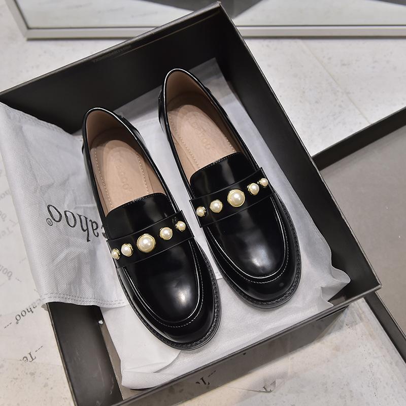

Британские маленькие кожаные туфли женские туфли на плоской подошве с жемчугом женские лоферы с круглым носком на платформе женские оксфорды на низком квадратном каблуке 5