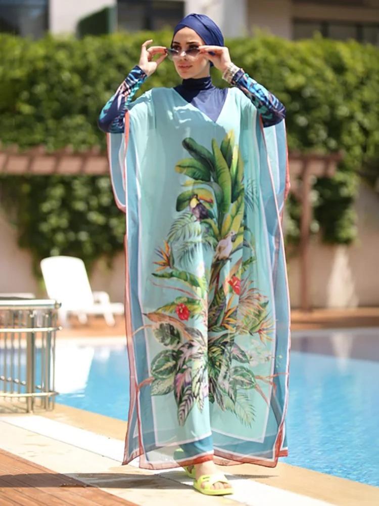 4Pcs/Set Bukini Long Sleeve Swimwear Digital Printing Elastic Fabric Structured Fit UPF50-UV Protection 6 Thread Stitching Surf