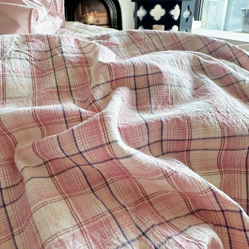 Vintage French Plaid Lace Ruffles 100% Cotton Bedding Set Duvet Cover Set Bed Sheet/Bed Skirt/Fitted Sheet Pillowcases 4Pcs