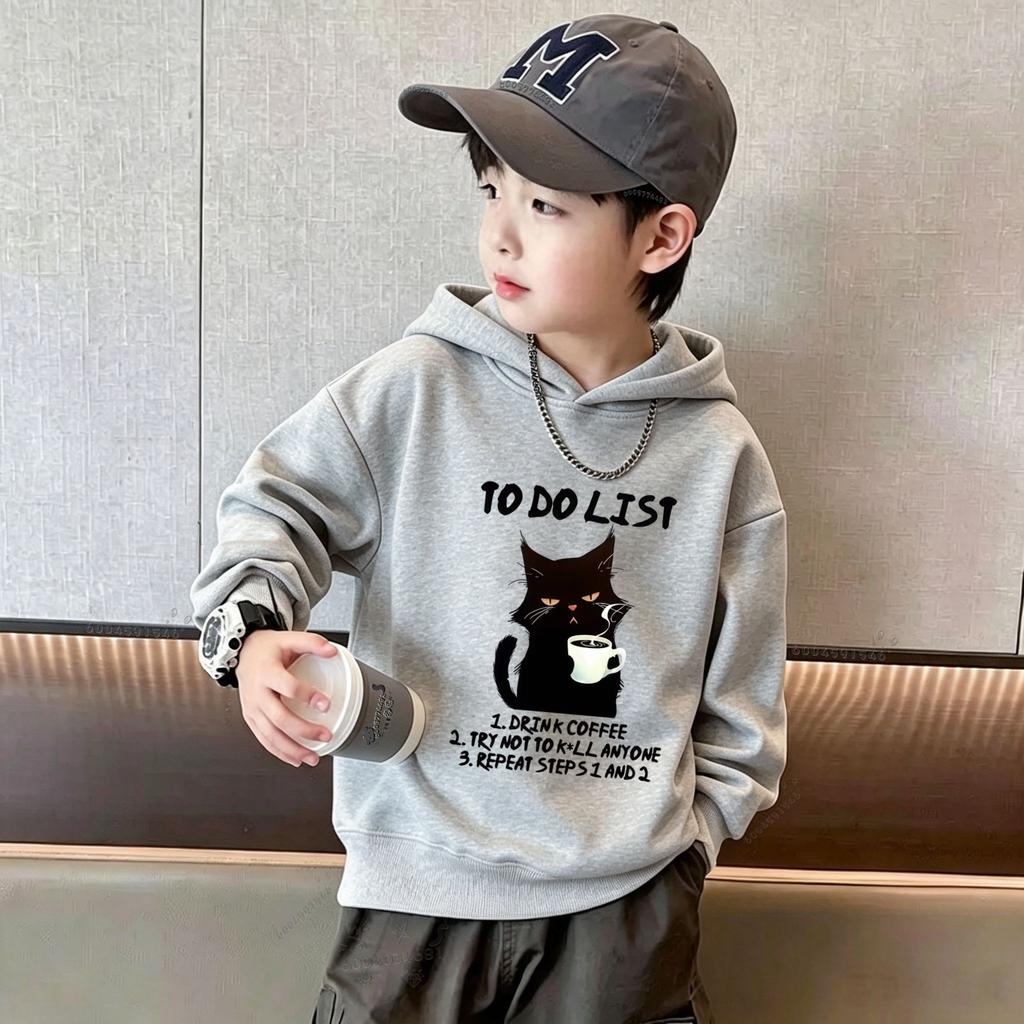 Y2K Kids Hoodie Sweatshirt Autumn Winter Black Cat Coffee Graphic Print Casual Loose Long Sleeve Tops