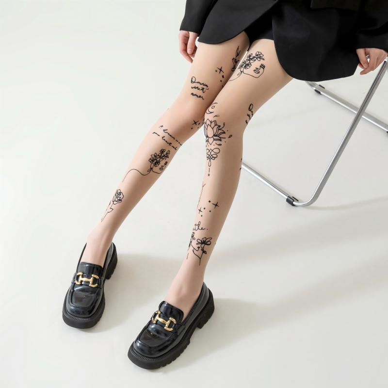 1Pcs Sheer Breathable Silk Stockings Sexy Flower Letter Tattoos Pantyhose High-Waisted Elastic Long Socks Daily Wear Women Tight