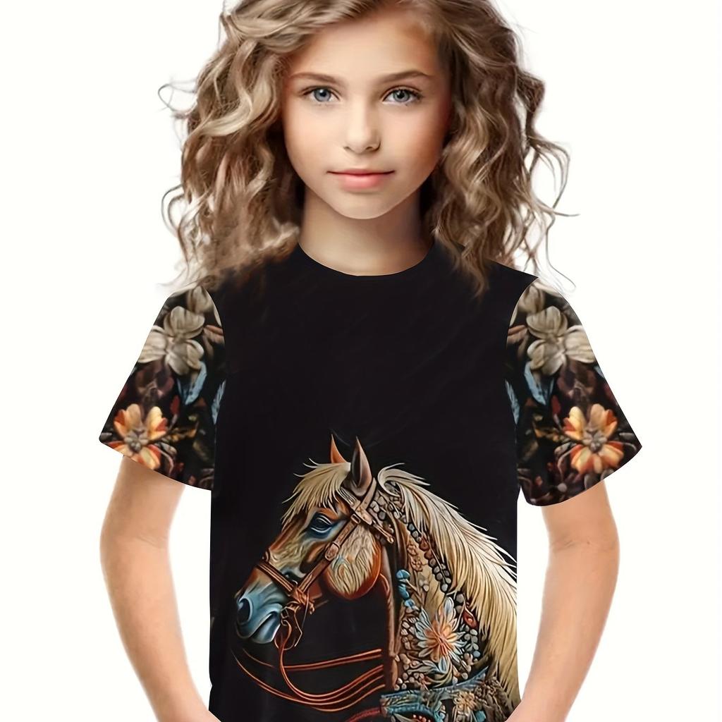 Girls Fashionable 3d Horse Graphic Tee Comfortable Crew Neck Children Girl Short Sleeve Tops Summer Outdoor Kids Clothes