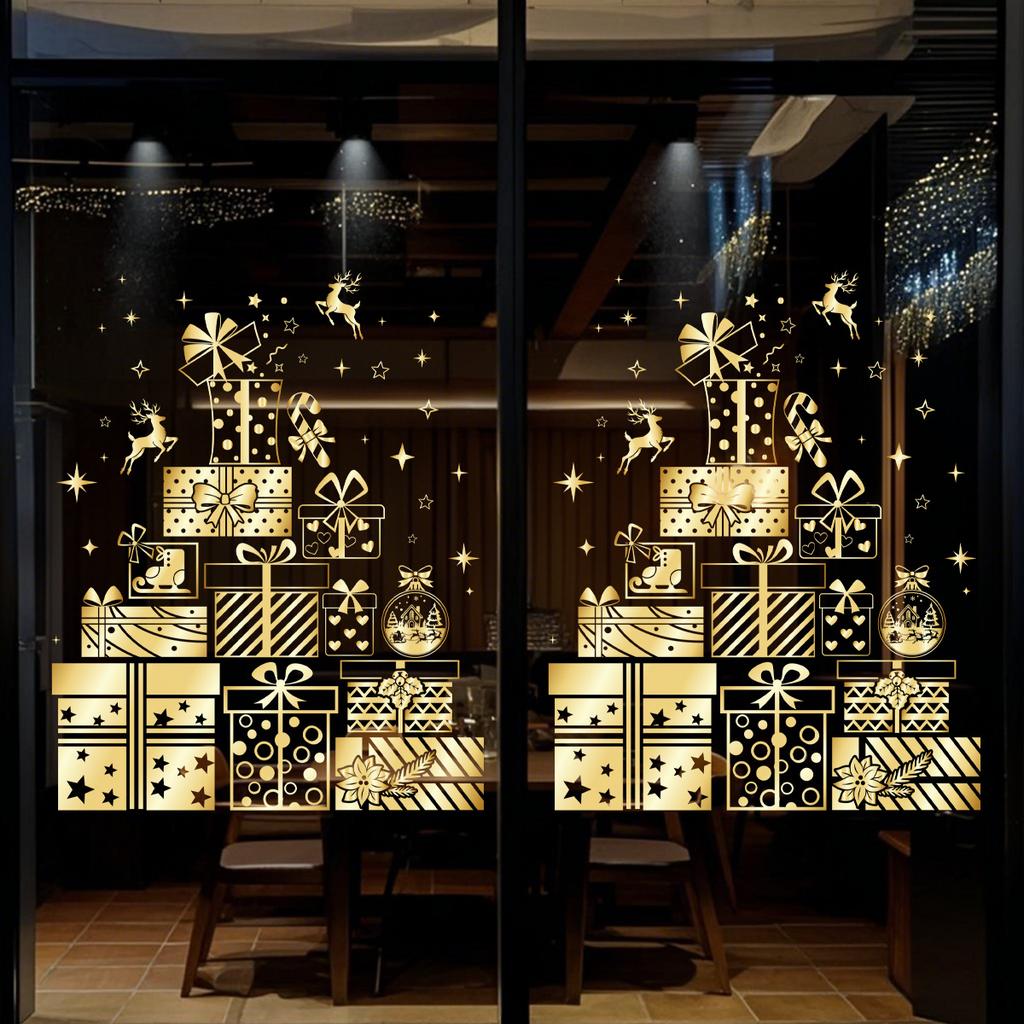 Festive Golden Star Christmas Tree Static Window Decals Reusable Glass Stickers Store Window Holiday Party Home Beautification