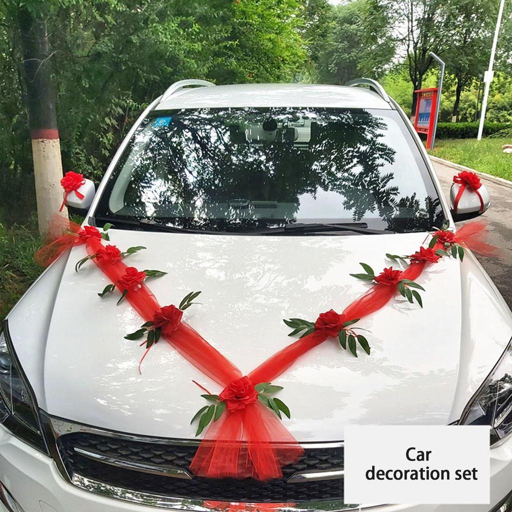 Wedding Car Front Artificial Flowers Ornament Decor Wreath Ribbons Rose Flower