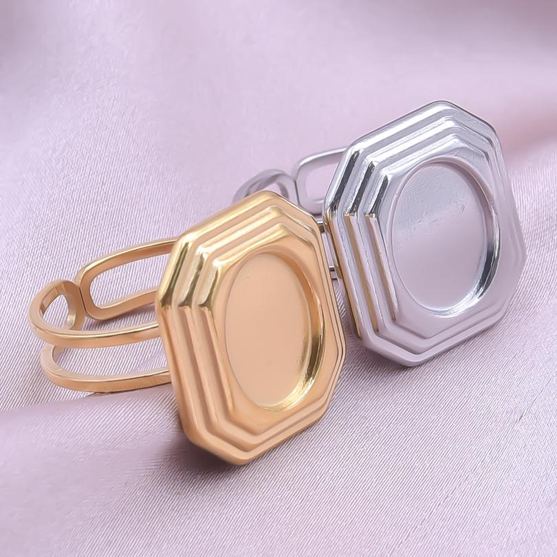 Fashion DIY Drip Oil Rhinestone Round Oval Water Droplets Blank Settings Open Adjustable Stainless Steel Ring For Women Men Gift