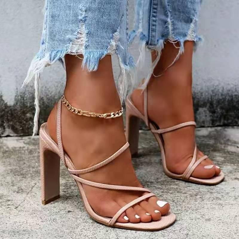 Heel with Sandals for Women, European and American Fashion Thick Heel Elastic Band, Solid Color Simple Roman Sandals for Women