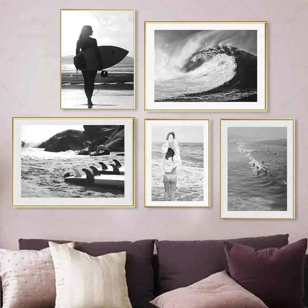 Black White Poster Ocean Sea Wave Nature Landscape Aesthetic Canvas Painting Posters and Prints For Living Room Decoration
