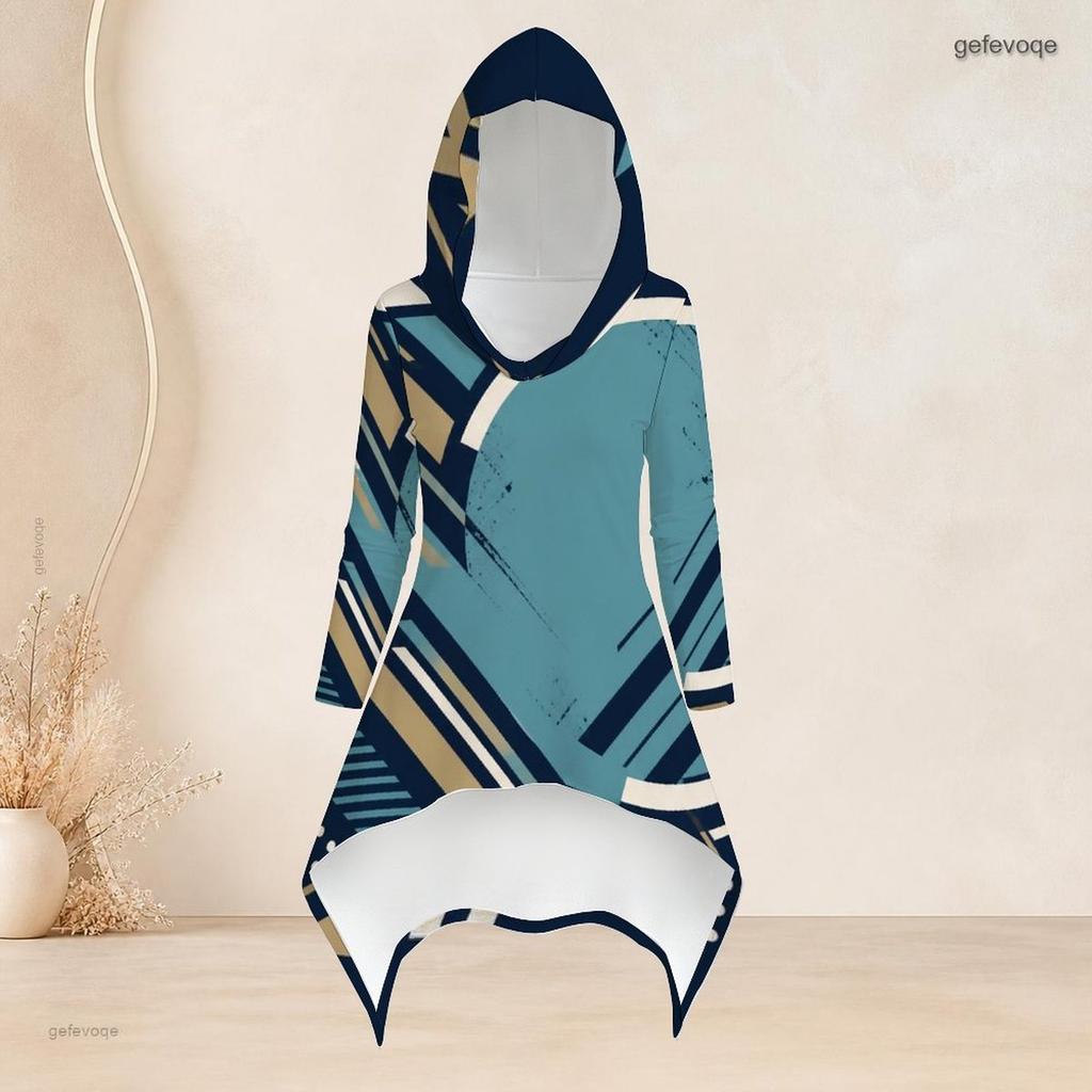 Women Plus Size Abstract Printed Two Piece Set Hooded Long Sleeve High Low Top Fitted Pants
