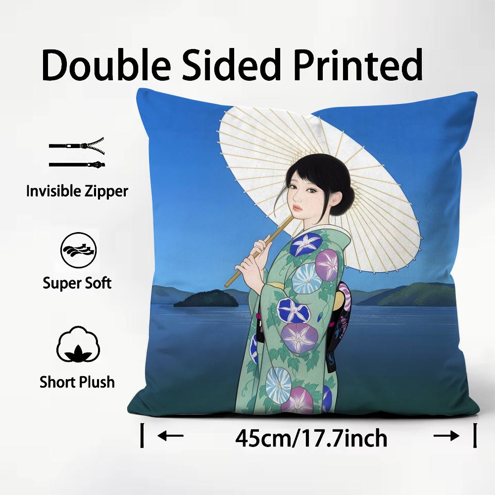 Kimono Girl Japanese Style Cushion Cover Plush Fabric Soft DoubleSided Printed Sofa Warm Winter Home Child Gift Pillow Case