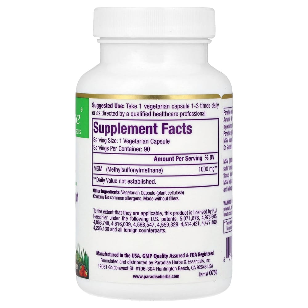 Paradise Herbs MSM 1000mg Vegetarian Capsules, 90 Count