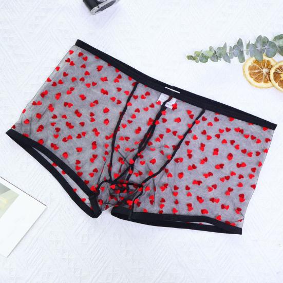 Men Boxer Underwear Elastic Mid-rise Perspective Hollow Mesh Design Boxer Briefs Heart Pattern Underwear Anniversary Gift
