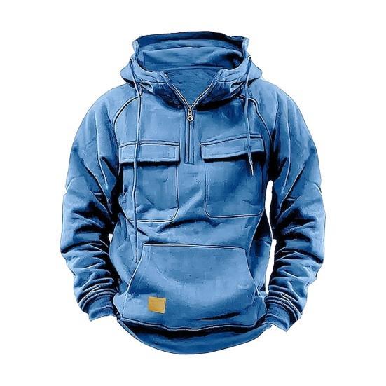 Men's Large Patch Pocket Drawstring Long Sleeve Half-Zip Hoodie clothes sale