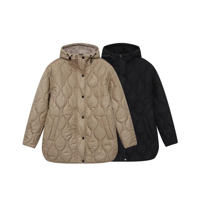 Womens Hooded Quilted Mid-Length Cotton Blend Coat Streetwear Loose Fit Fall 2025