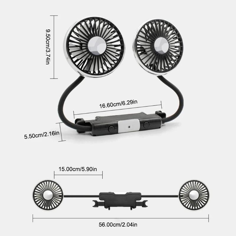 Backseat Car Fan Dual Head Hose Car Seat Fan With Led Light 3 Speeds 360° Rotatable Vehicle Cooling Fan USB Independent Switch
