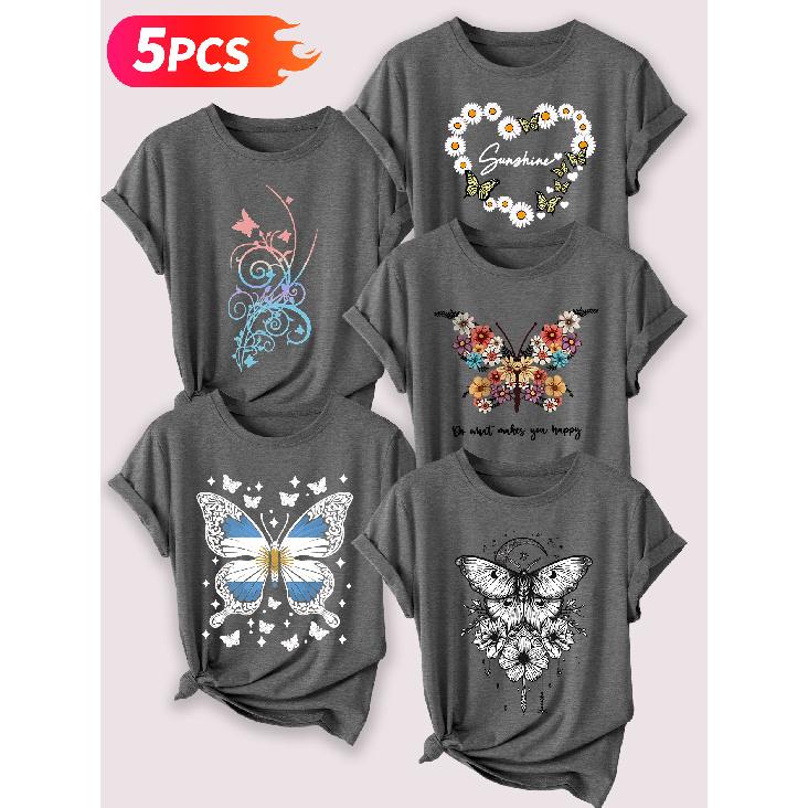Go for a specific forest-themed, fresh floral and butterfly artistic aesthetic print Five-piece set of women's short-sleeve tops Elegant summer