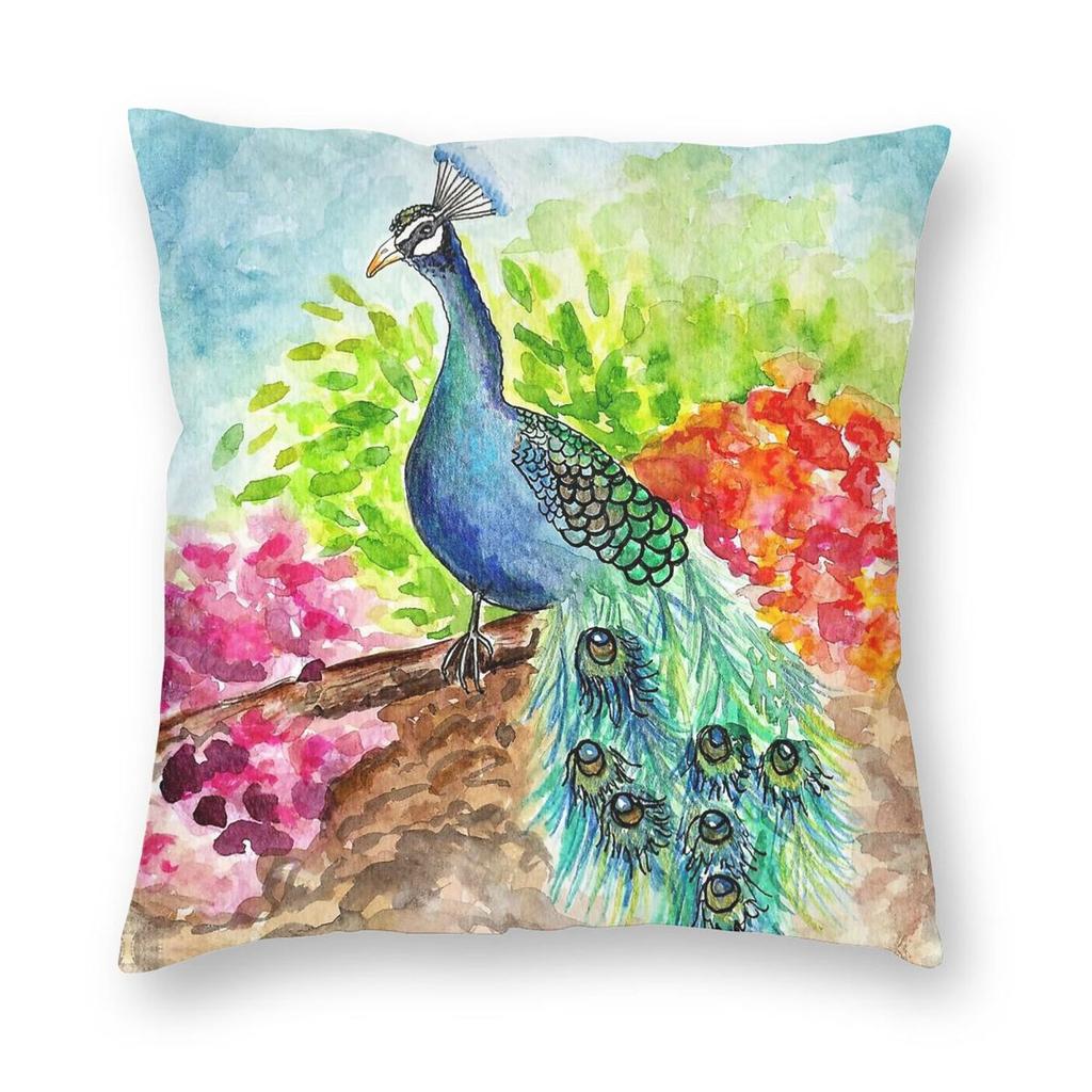 Colorfu Watercolor Peacock Pillowcase Polyester Linen Velvet Pattern Zip Decorative Pillow Case Car Cushion Cover