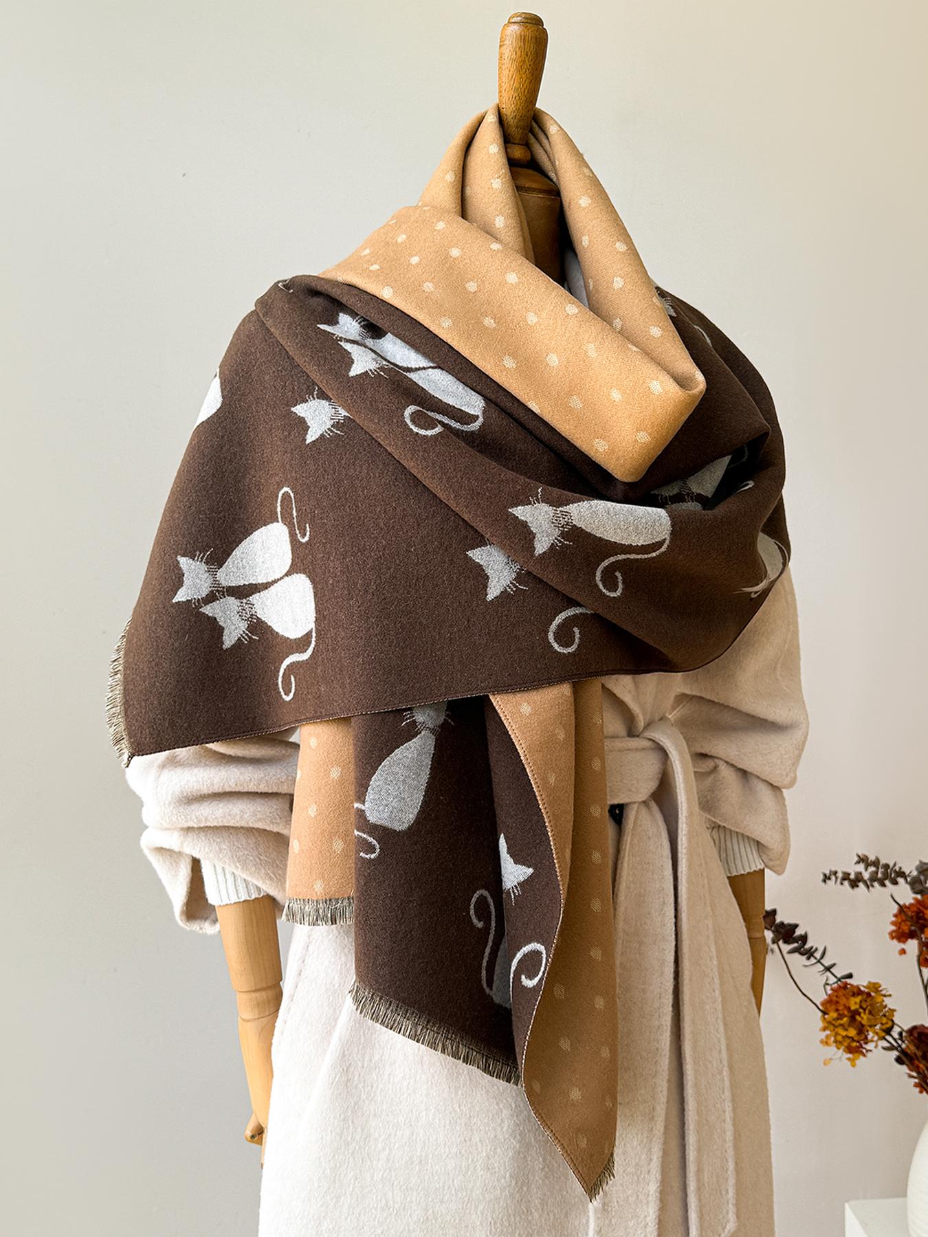 

Women S Autumn Cat Pattern Winter Faux Cashmere Shawl Warm Jacquard Scarf Versatile Blanket Use Neck Protection Style