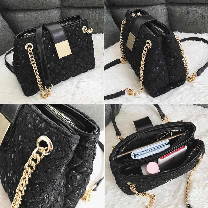 Standard diamond chain shoulder bag for women black lace bag PU leather ladies bags