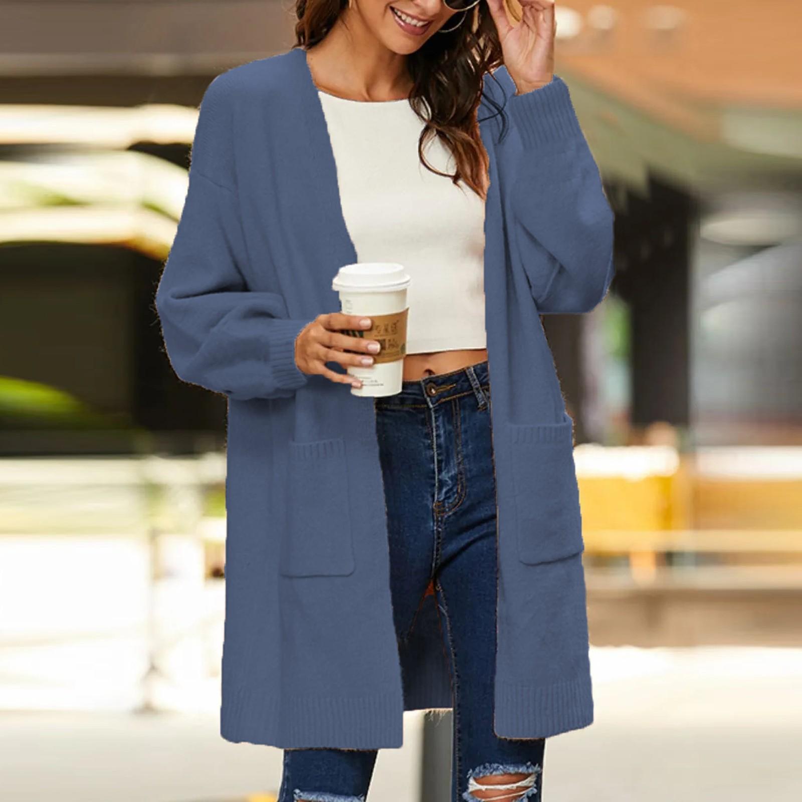 

Женский однотонный повседневный кардиган с длинными рукавами и карманами, вязаный универсальный свободный свитер-куртка L тёмно-синий