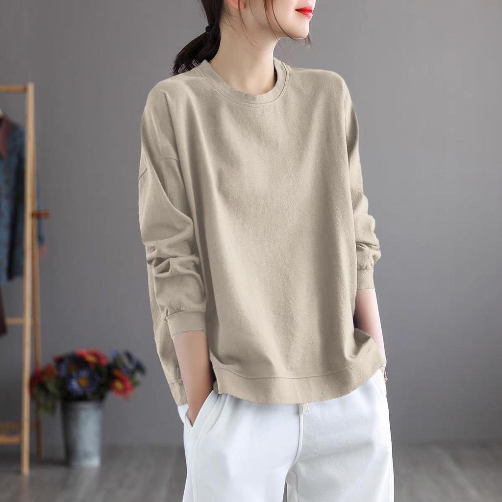 Brand Women's Plus Size Long Sleeve Printed Cotton Top – Round Neck, Casual Style