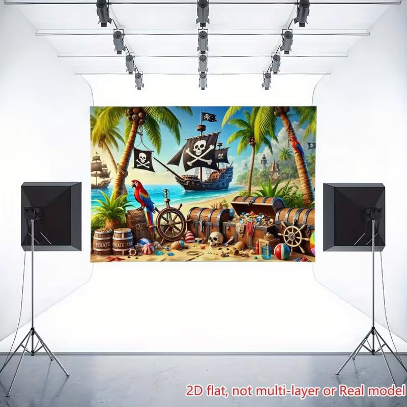Vinyl Pirate Beach Backdrop - Pirate Ship, Parrot & Treasure Chest Photography Background