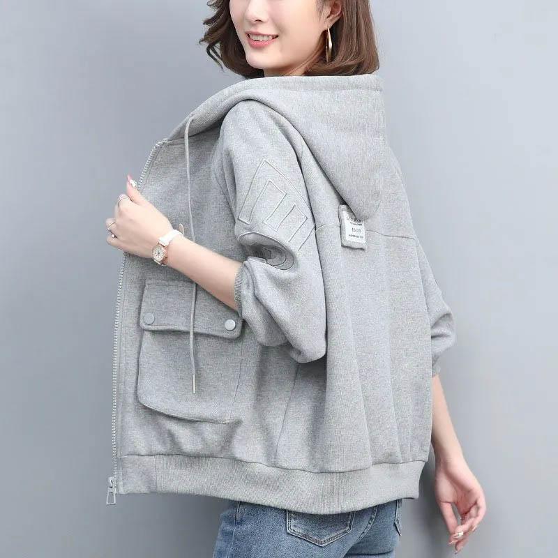 Hooded Coat for Women Cotton Loose Versatile Solid Color Casual Zipper Cardigan Tops