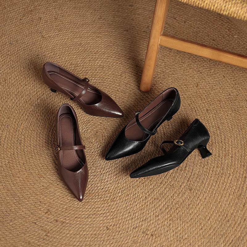 Krazing Pot Sheepskin Autumn Winter Shoes Thin Med Heels Size 43 Size 42 Pointed Toe Buckle Straps Shallow Pumps