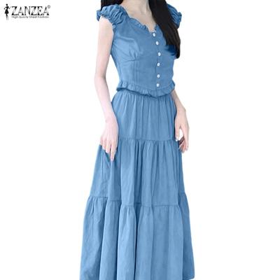 Women Sleeveless Blouse and Long Skirts Summer Two Piece Suit Sets