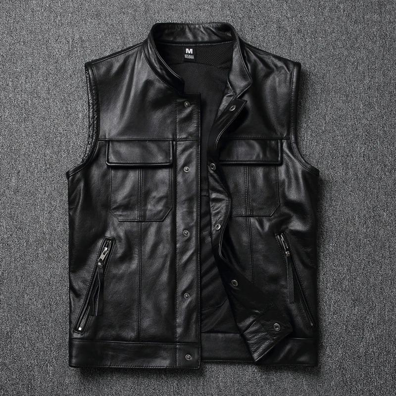 Chiński rozmiar Prawdziwa skóra bydlęca Harley Motocyklowe kamizelki Prawdziwa skóra bydlęca Kurtka bez rękawów Czarny Moto Biker Kamizelki Slim Fit Klub Jazda Wiosna
