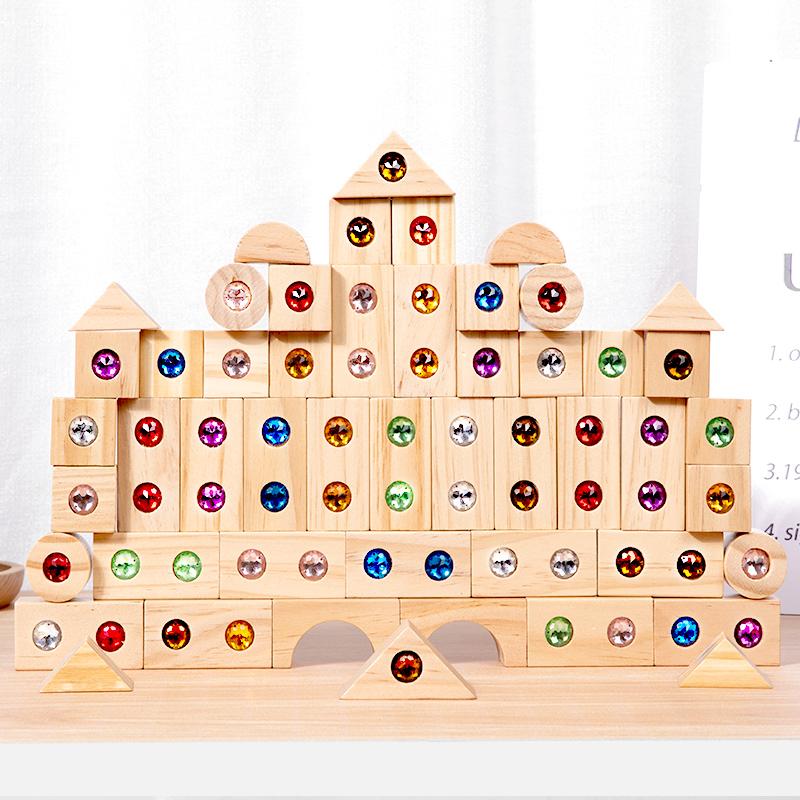 Montessori Glitzernde Acryl-Edelstein Stapelblöcke DIY Holz Kreative Regenbogen Bauklötze für Kinder