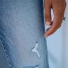Ladies' Solid Color Casual Pants Versatile Slim Fit Straight Leg Denim Jeans With Frayed Edges And Holes