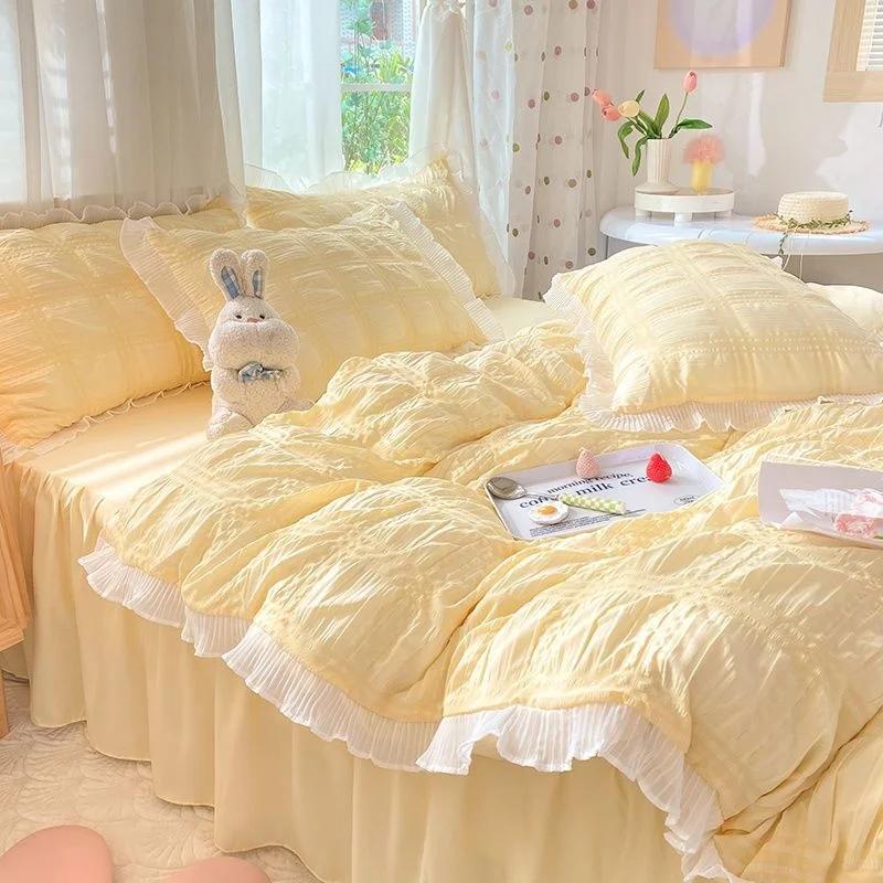 Kawaii Princess Seersucker Bedding Set Luxury Solid Color Duvet Cover Bed Sheet Pillowcase Single Double Size For Girl Decor