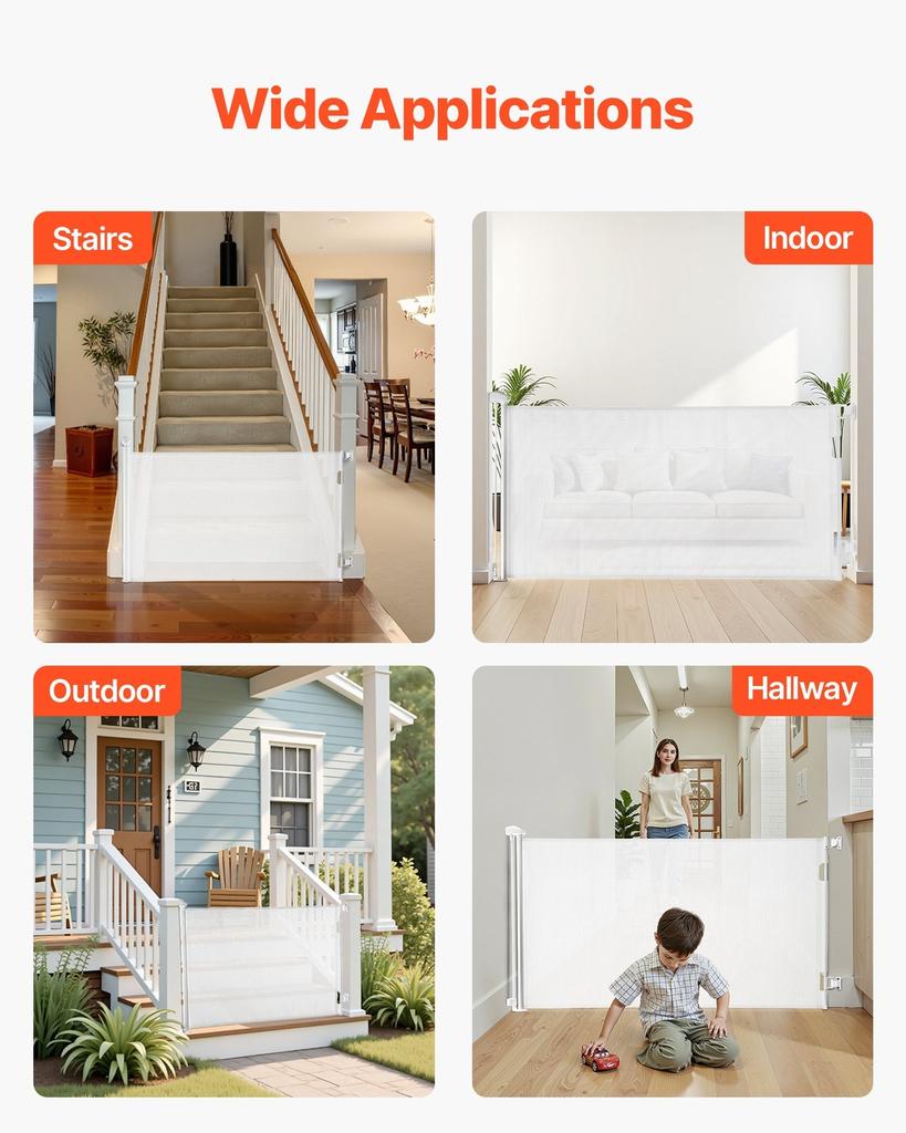 Retractable Baby Gate, Extends To 1850 Mm Wide, 795 Mm Tall, with Security Lock, Easy To Use, Walk Through Without Tripping, Mesh Dog Gate for Stairs,