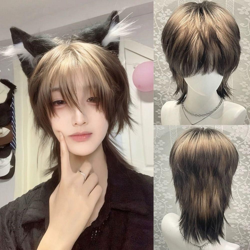 Handsome Anime Cos Wig Siamese Cat Short Gradient Hair Wolf-Tailed Mullet Head Wigs for Boys