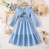 Girl Clothing 2026 Spring Autumn New Fairy Long Sleeve Chic Bow Mid-Length Blue Dress