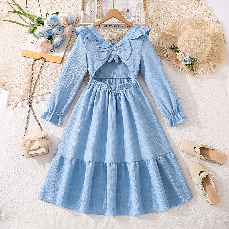 Girl Clothing 2026 Spring Autumn New Fairy Long Sleeve Chic Bow Mid-Length Blue Dress