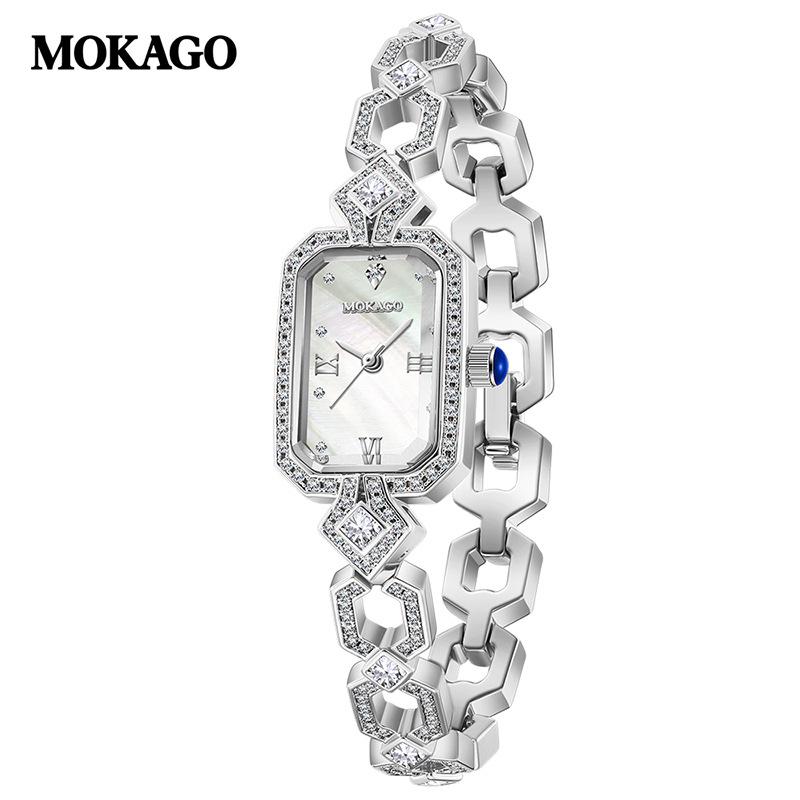 Mokga Women s Exquisite Rectangular Copper Bracelet Watch with Inlaid Diamond & Mother-of-Pearl, Waterproof Sunray Quartz Design.