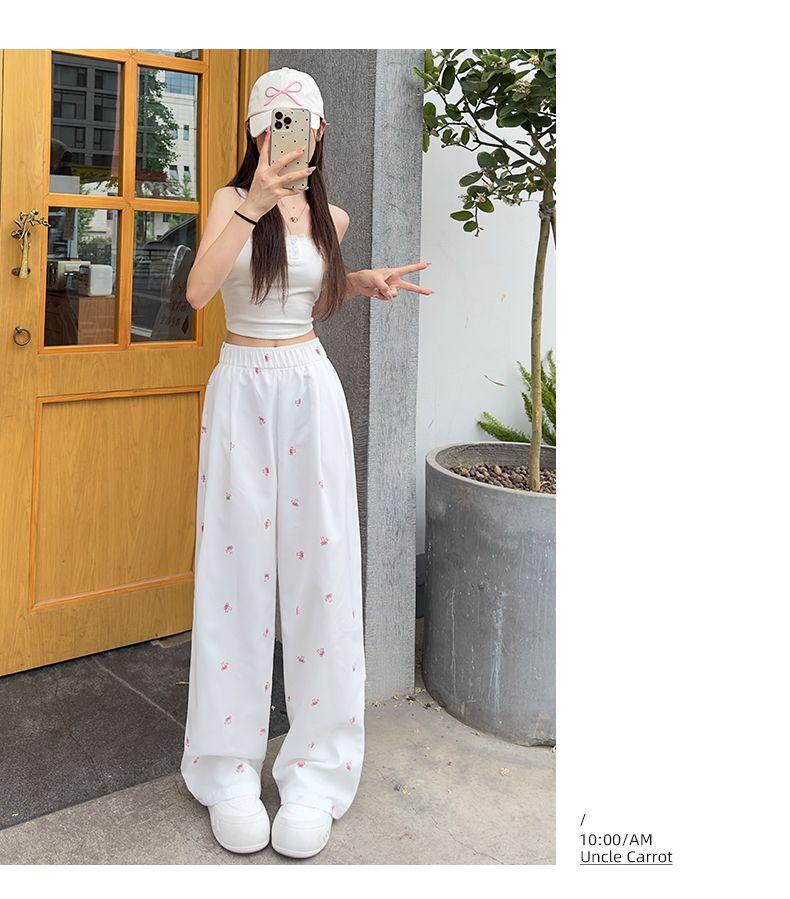 White Floral Yamamoto Women's Slim Straight Wide-Leg Bow Pants - 2025 Summer Collection.