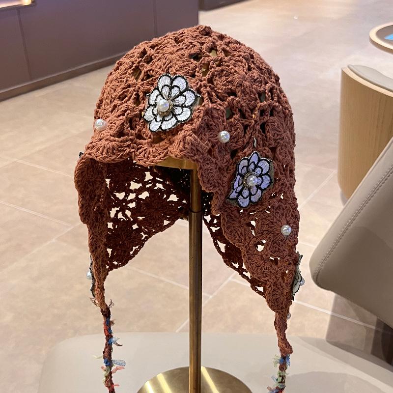 French Heavy Industry Crochet Bag Head Hat Hollow Breathable Lace Stacking Hat Mori Literary Sun Hat Atmosphere Cold Hat