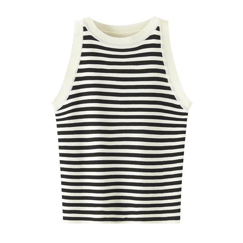 Безрукавный черно-белый полосатый жилет из ледяного шелка, облегающий, формирующий фигуру, летний топ-майка Large белый