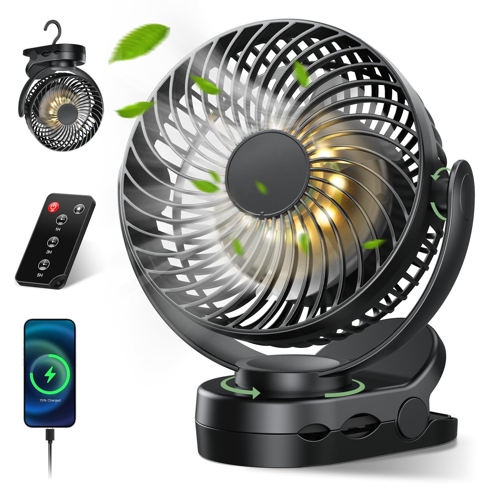 

Compact Desktop Fan Upgraded Strong Quiet Cordless Rechargeable USB Fan with 3 Speed Off Angle 2 LED Light Remote Fast Mobile Disaster Preparedness чорний