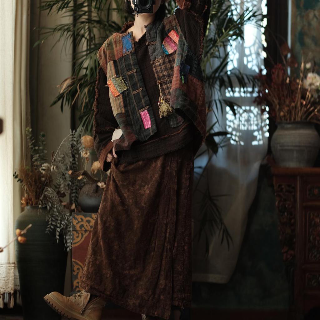 Retro květinová bavlněná zavinovací sukně Color Block v barvě kávy